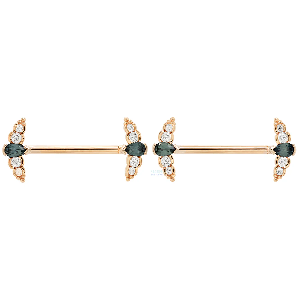 "Nikki Panaraya" Forward Facing Nipple Barbells in Gold with Grey Sapphire & Diamonds - Image 3