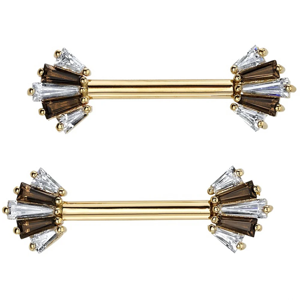 "Oceane 5" Forward Facing Nipple Barbells in Gold with White CZ & Smoky Quartz - Image 2