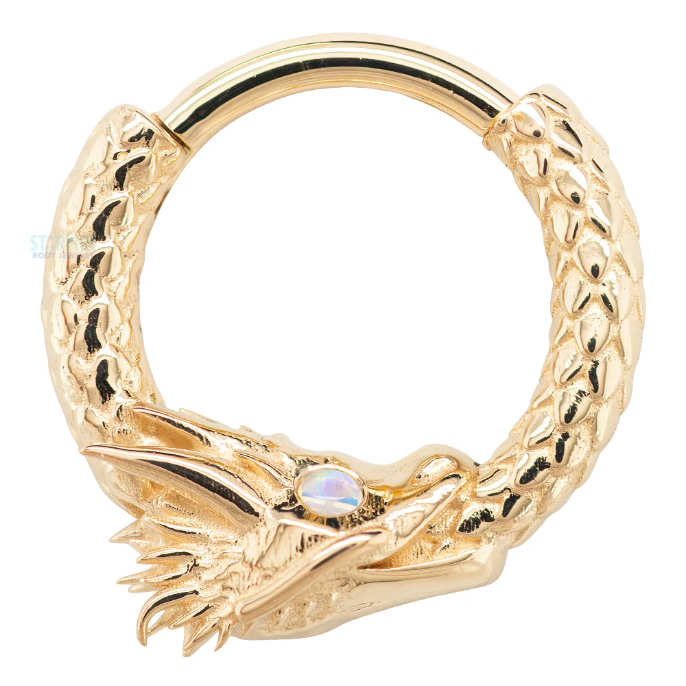 Ouroboros Dragon Hinge Ring in Gold with Genuine White Opals - Image 2