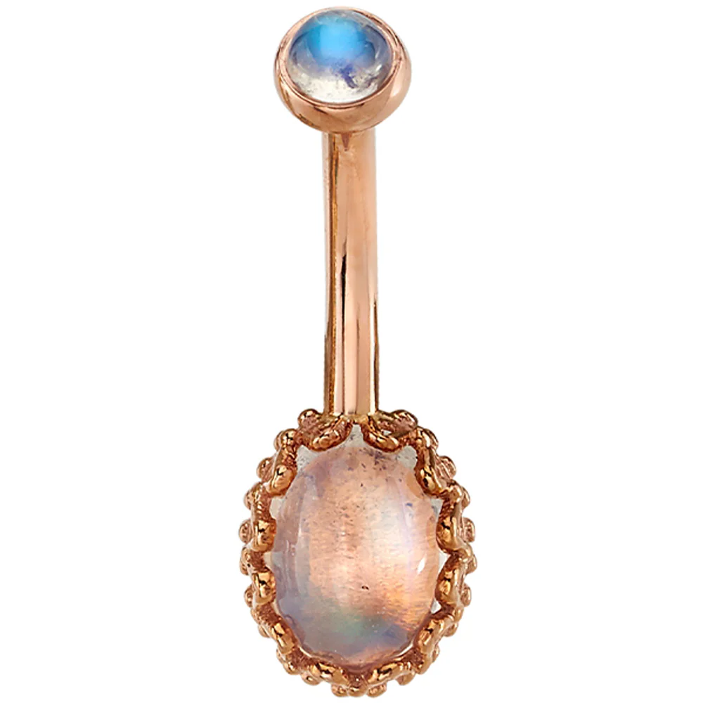 Oval Crown Prong Navel Curve in Gold with Rainbow Moonstones - Image 2