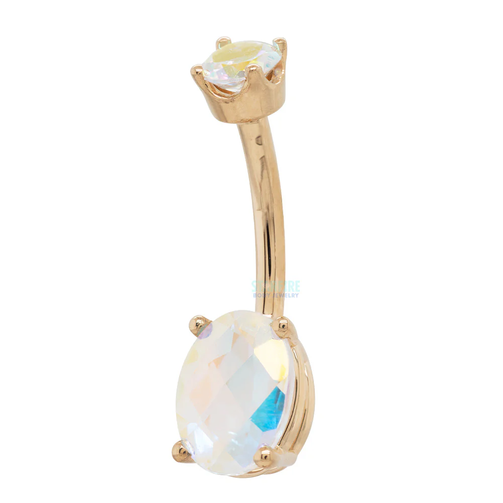 Oval Prong Navel Curve in Gold & Platinum with CHECKERBOARD Mercury Mist Topaz