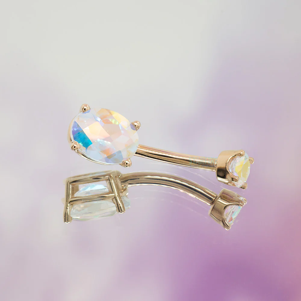 Oval Prong Navel Curve in Gold & Platinum with CHECKERBOARD Mercury Mist Topaz - Image 2
