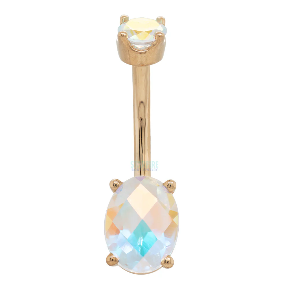 Oval Prong Navel Curve in Gold & Platinum with CHECKERBOARD Mercury Mist Topaz - Image 3