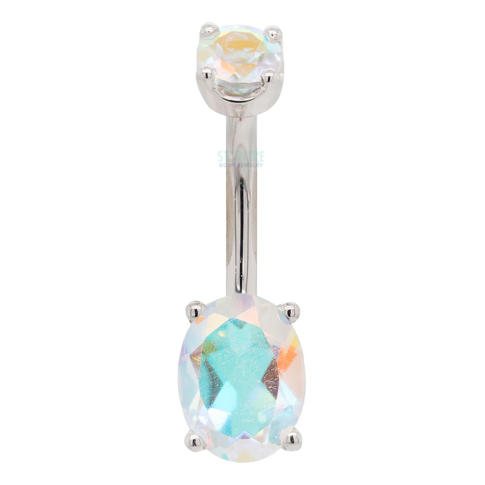 Oval Prong Navel Curve in Gold & Platinum with Mercury Mist Topaz - Image 5