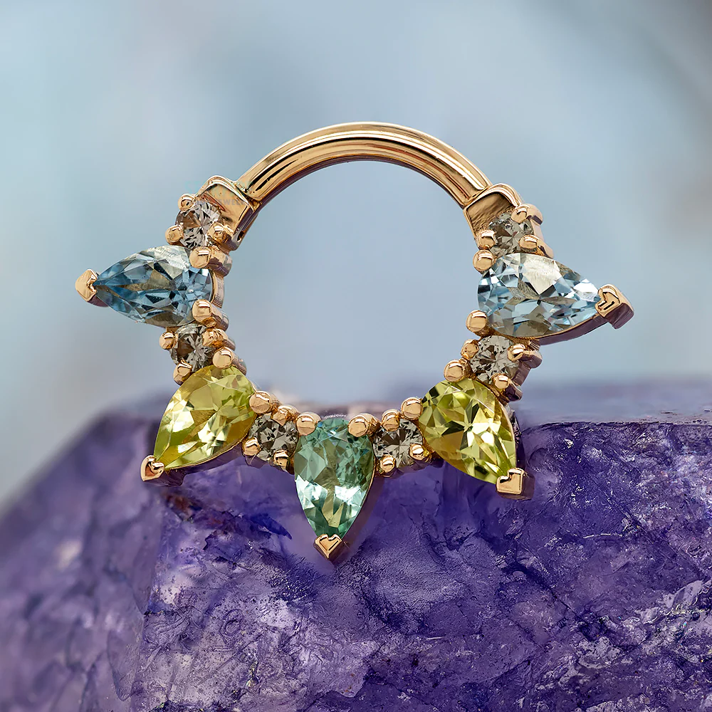 "Pear Kolo" Hinge Ring in Gold & Platinum with Grey Sapphire, Aquamarine, Peridot, Seafoam Tourmaline - Image 2