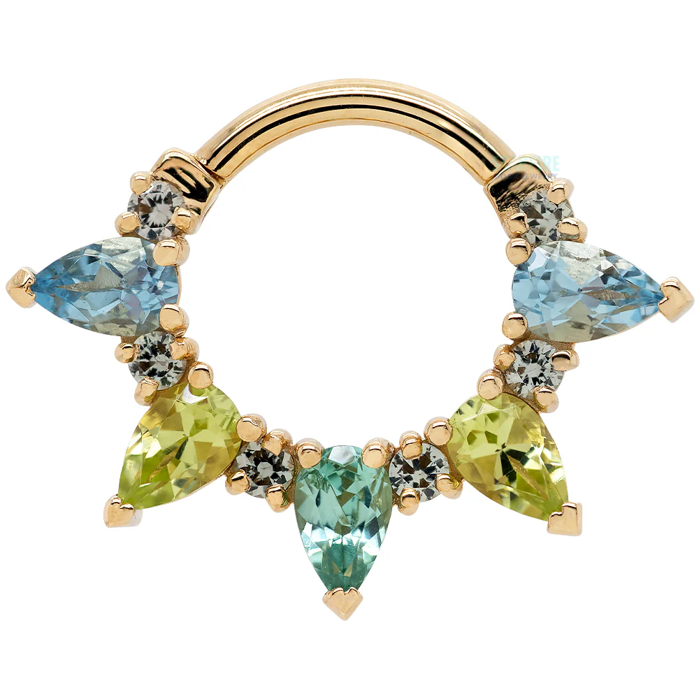 "Pear Kolo" Hinge Ring in Gold & Platinum with Grey Sapphire, Aquamarine, Peridot, Seafoam Tourmaline - Image 3