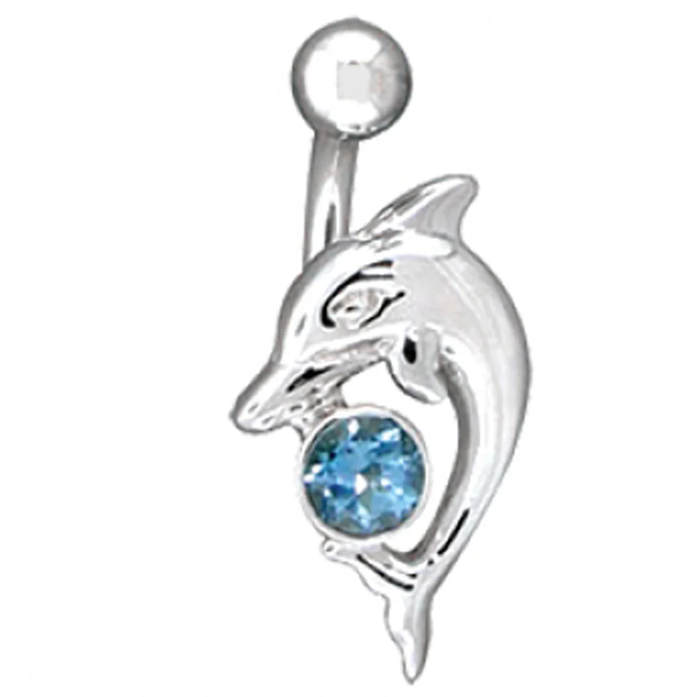 "Playful Dolphin" Navel Curve in Gold with Swiss Blue Topaz - Image 2