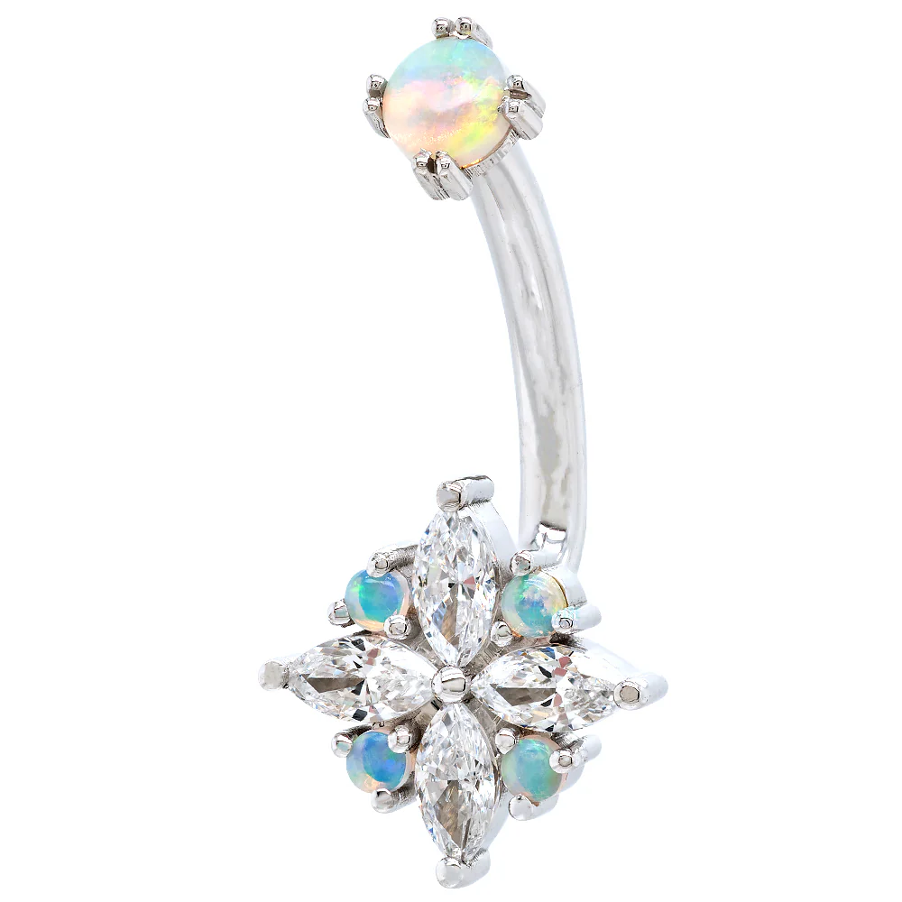 "Pleades" Navel J Curve in Gold & Platinum with White CZ & Genuine White Opals