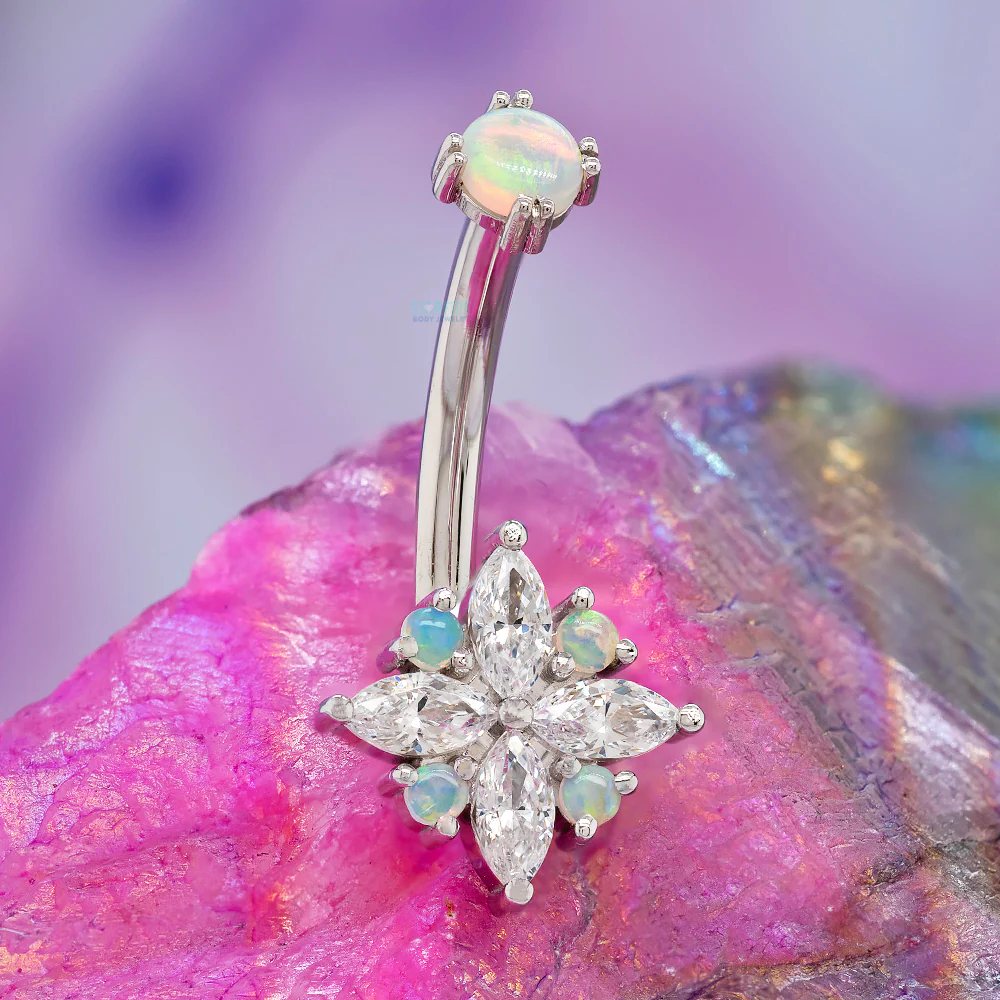 "Pleades" Navel J Curve in Gold & Platinum with White CZ & Genuine White Opals - Image 2