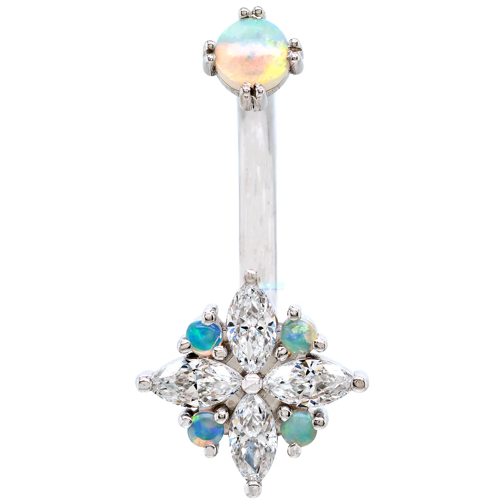 "Pleades" Navel J Curve in Gold & Platinum with White CZ & Genuine White Opals - Image 3