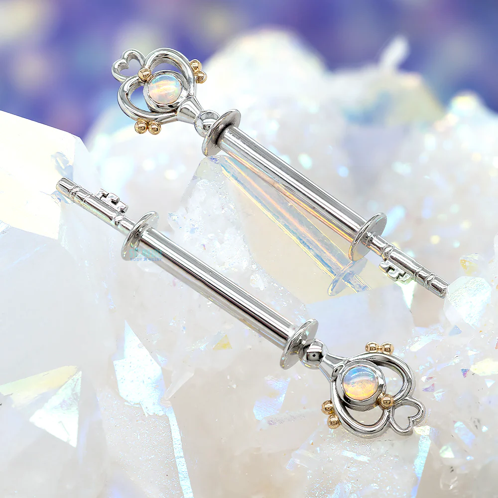 "Pluto" Forward Facing Nipple Barbells in Gold with Genuine White Opals - Image 2