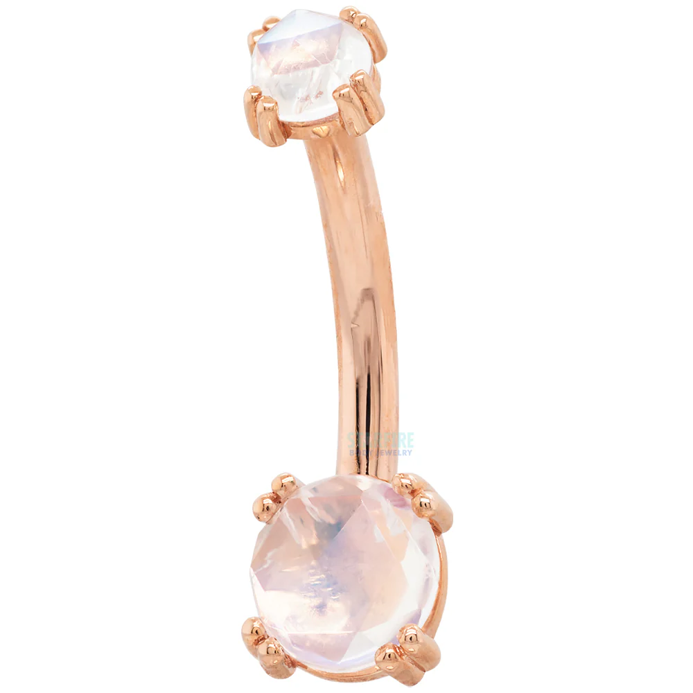 Prong-Set Navel Curve in Gold & Platinum with Rose Cut Rainbow Moonstone