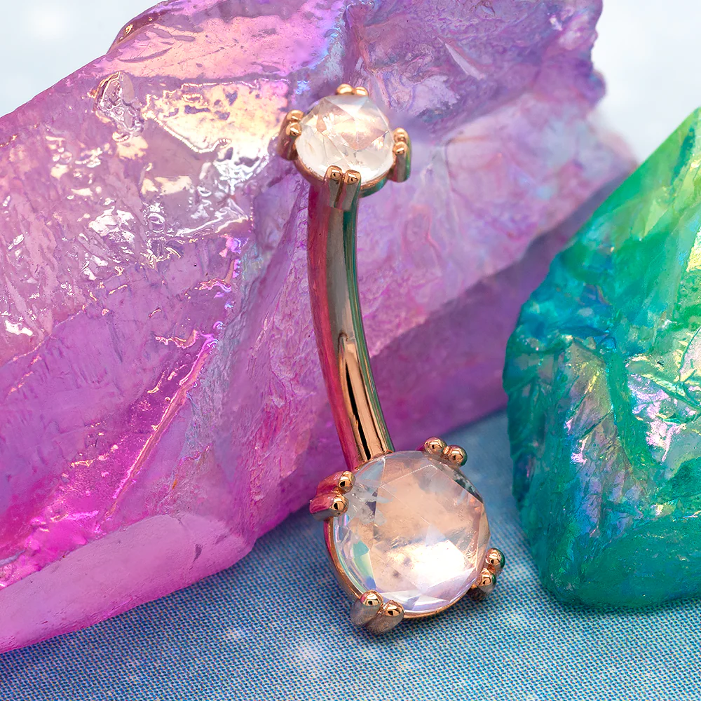Prong-Set Navel Curve in Gold & Platinum with Rose Cut Rainbow Moonstone - Image 2