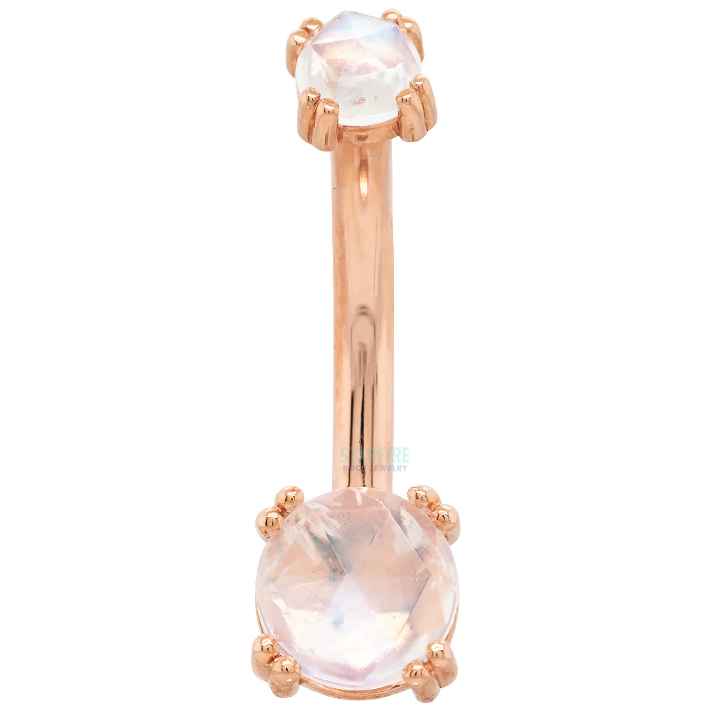 Prong-Set Navel Curve in Gold & Platinum with Rose Cut Rainbow Moonstone - Image 3