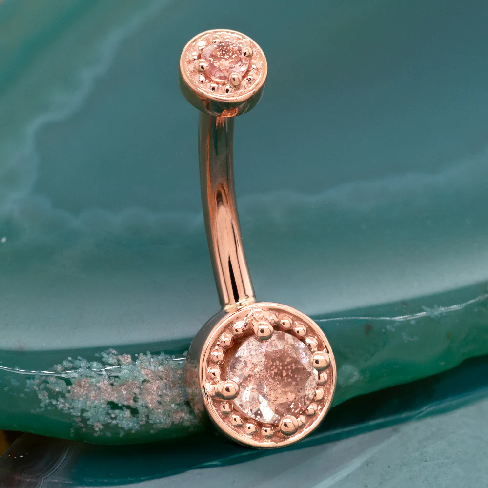 "Rachel" Milgrain Prong Navel Curve in Gold & Platinum with Oregon Sunstone - Image 2