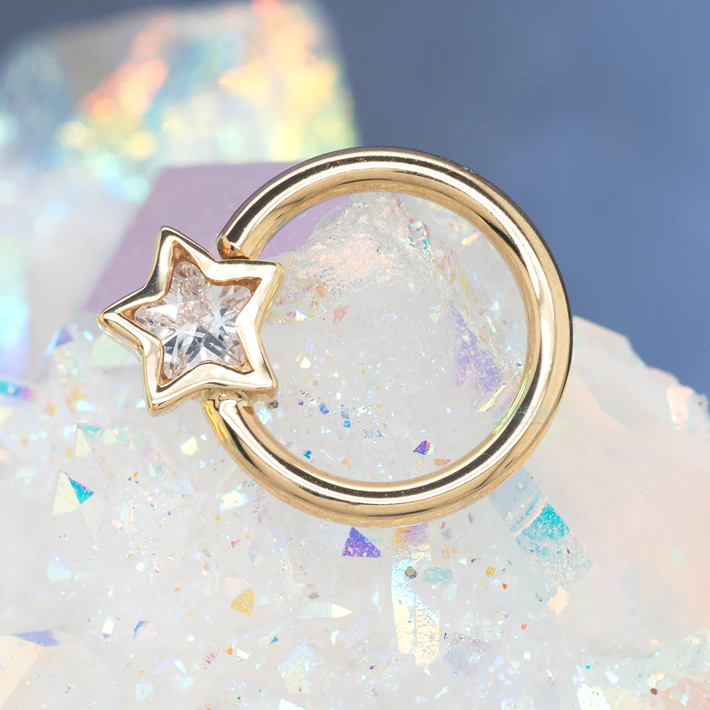 "Razmatazz" Star Bezel Fixed Bead Ring (FBR) in Gold with White CZ - Image 2