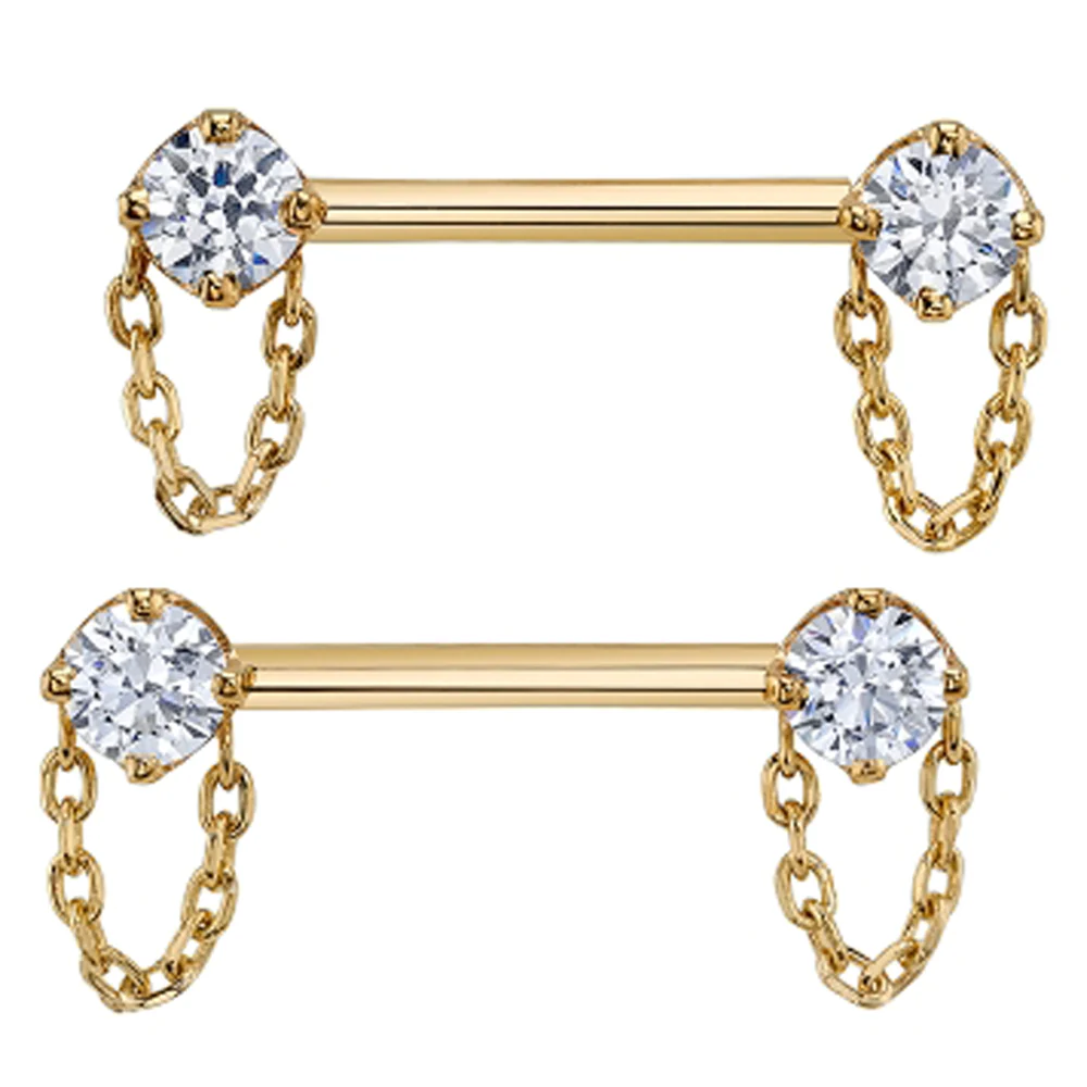"Rianna" Forward Facing Nipple Barbells With Chains in Gold with White CZ's
