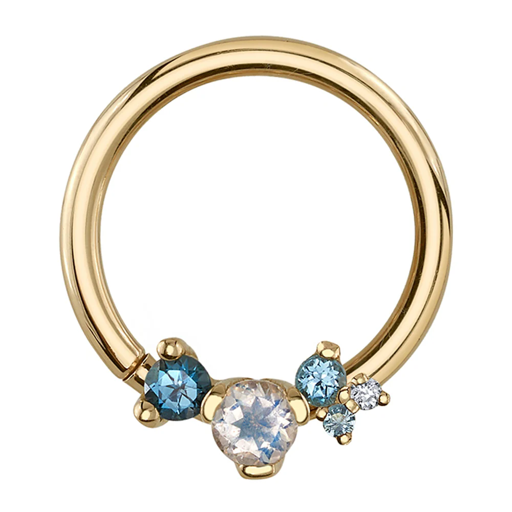 "Ripple" Seam Ring in Gold with Rainbow Moonstone, London Blue Topaz, Swiss Blue Topaz, Aquamarine & Diamond