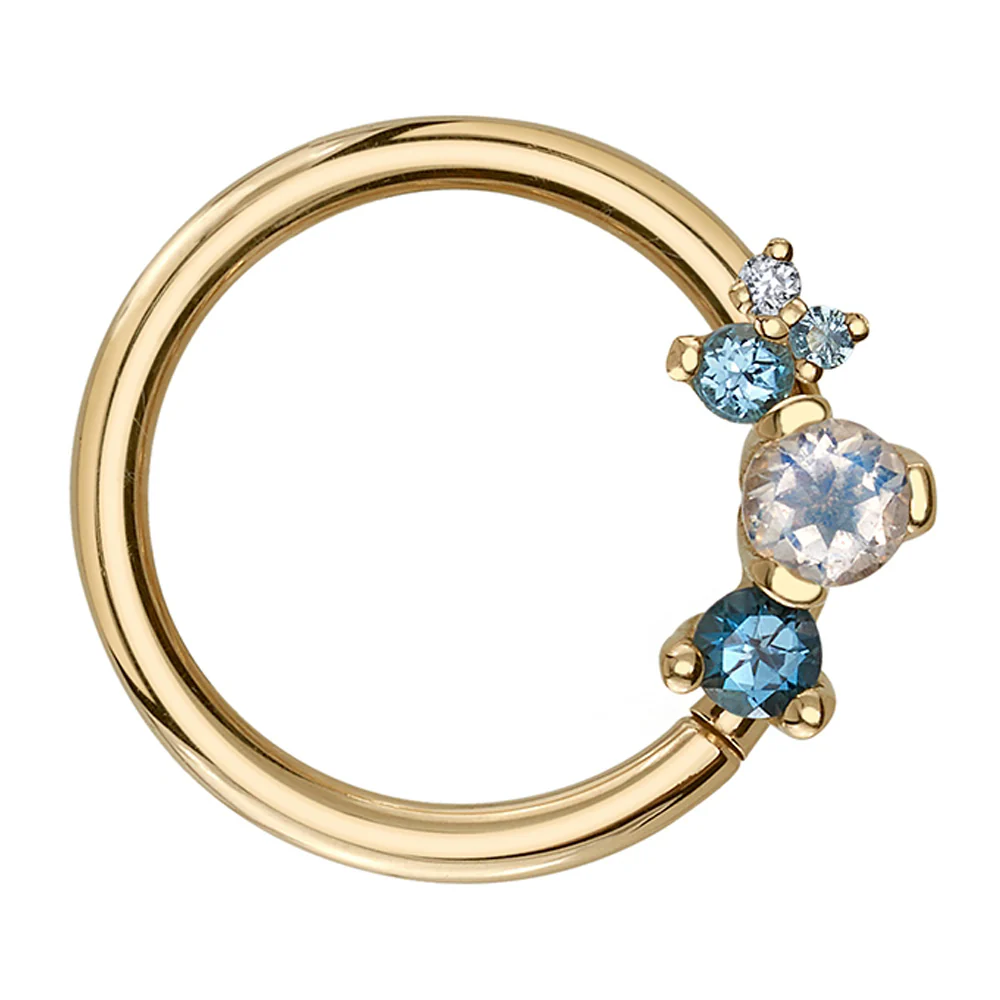 "Ripple" Seam Ring in Gold with Rainbow Moonstone, London Blue Topaz, Swiss Blue Topaz, Aquamarine & Diamond - Image 2