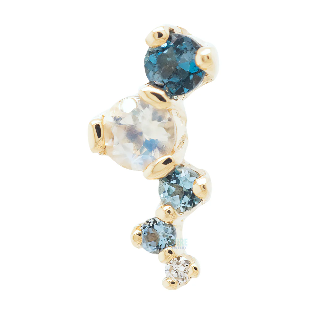 "Ripple" Threaded End in Gold with Rainbow Moonstone, London Blue Topaz, Swiss Blue Topaz, Aquamarine & Diamond
