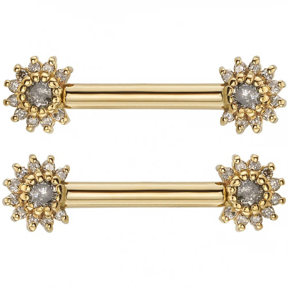 "Rose Bell" Forward Facing Nipple Barbells in Gold with Grey Diamonds