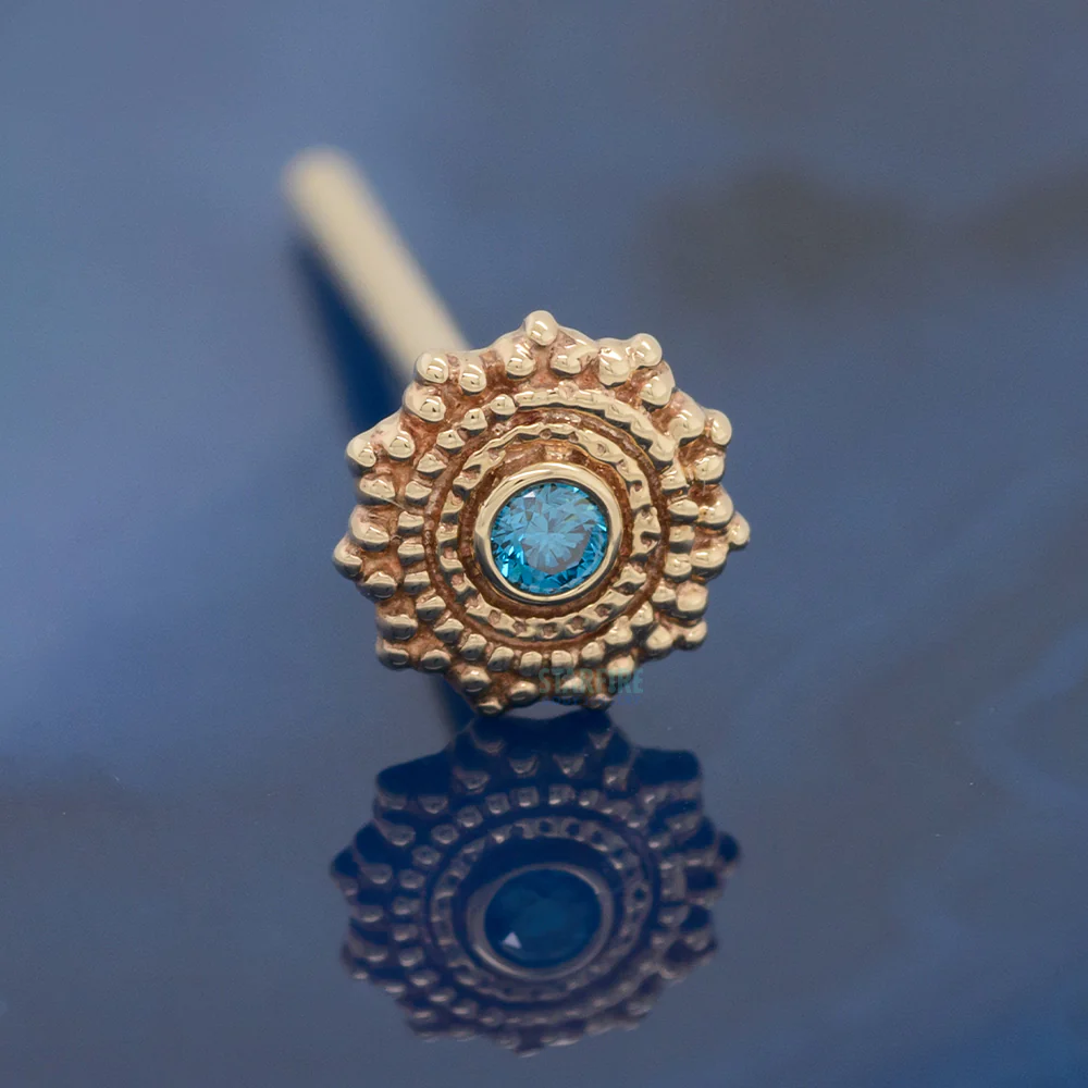 Round Afghan Nostril Screw in Gold with Ocean Blue Diamond - Image 2