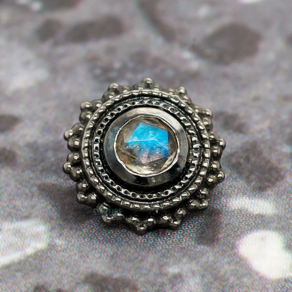 Round Afghan Threaded End in Black Rhodium - Gold with Rose Cut Labradorite - Image 2