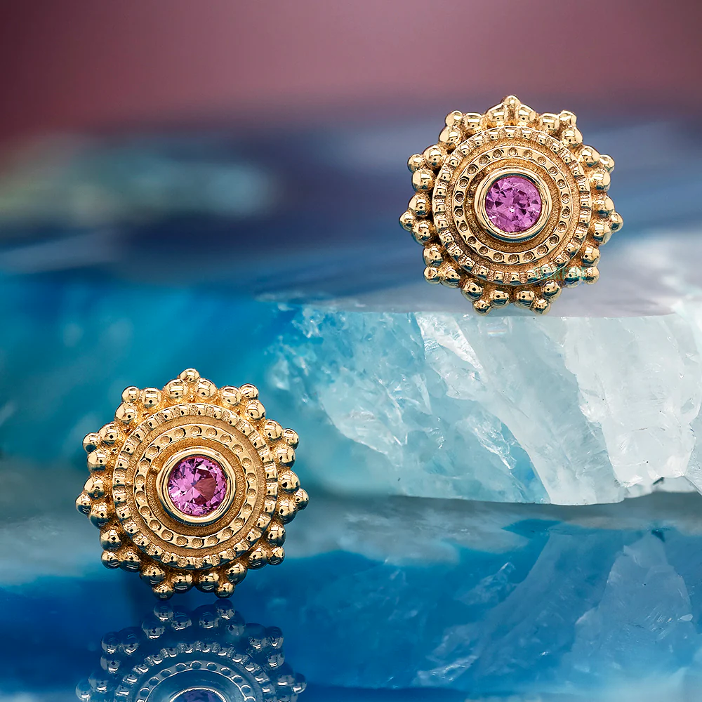 Round Afghan Threaded End in Gold with Pink Sapphire - Image 2
