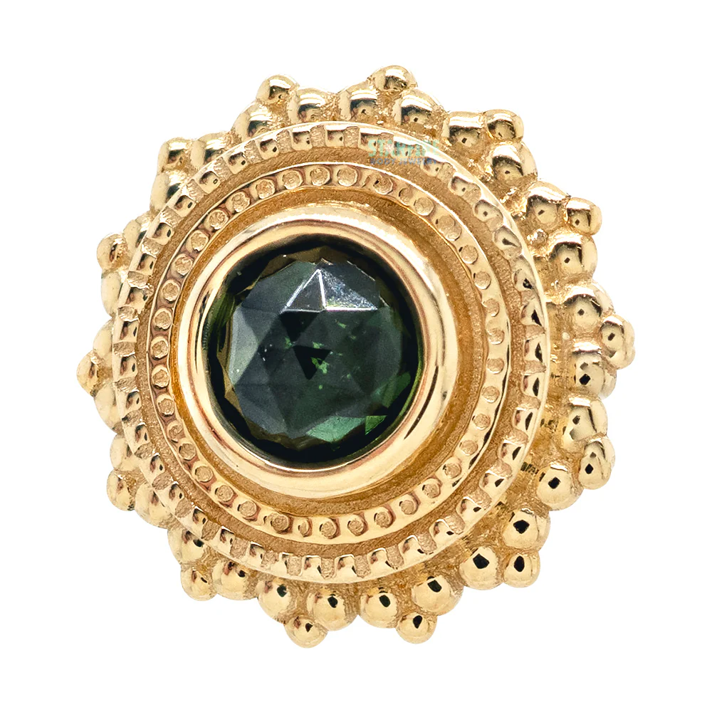 Round Afghan Threaded End in Gold with Rose Cut Green Tourmaline