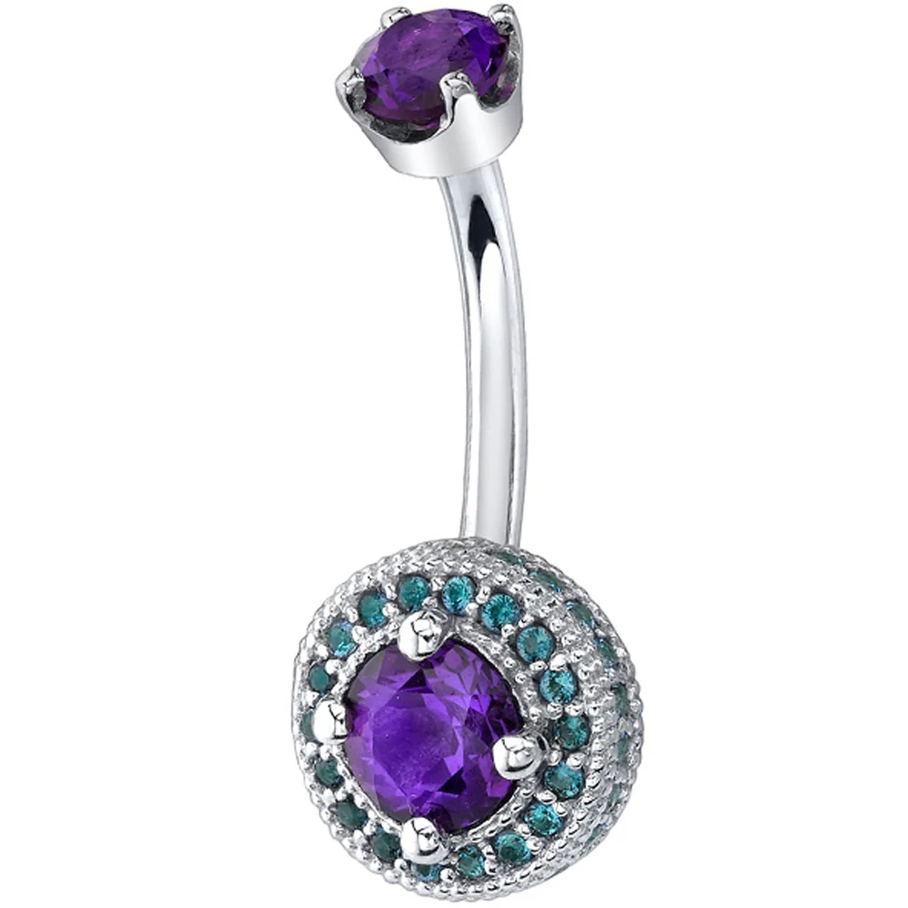 "Round Halo with Side Gems" Navel Curve in Gold with Amethyst & Polar Sapphires - Image 2
