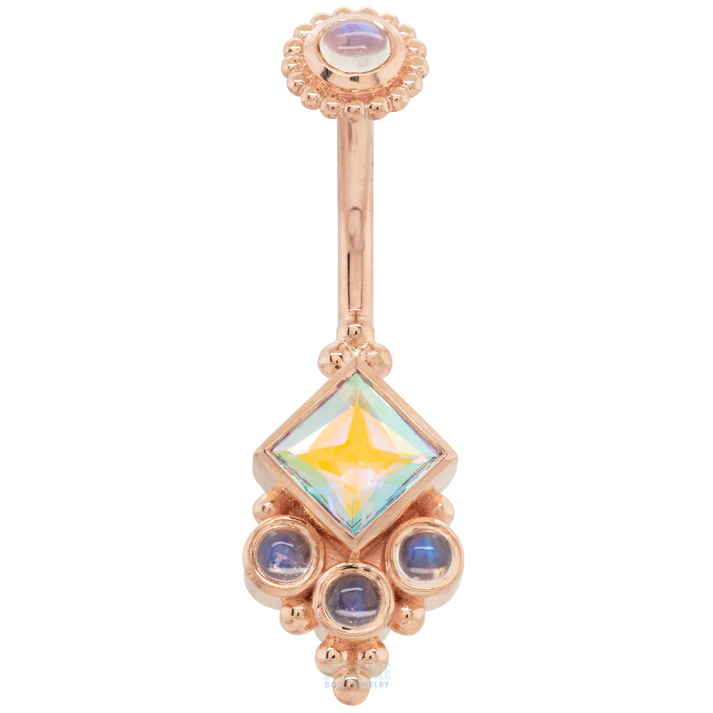 "Sarai Princess" Navel Curve in Gold with Rainbow Moonstone & Mercury Mist Topaz
