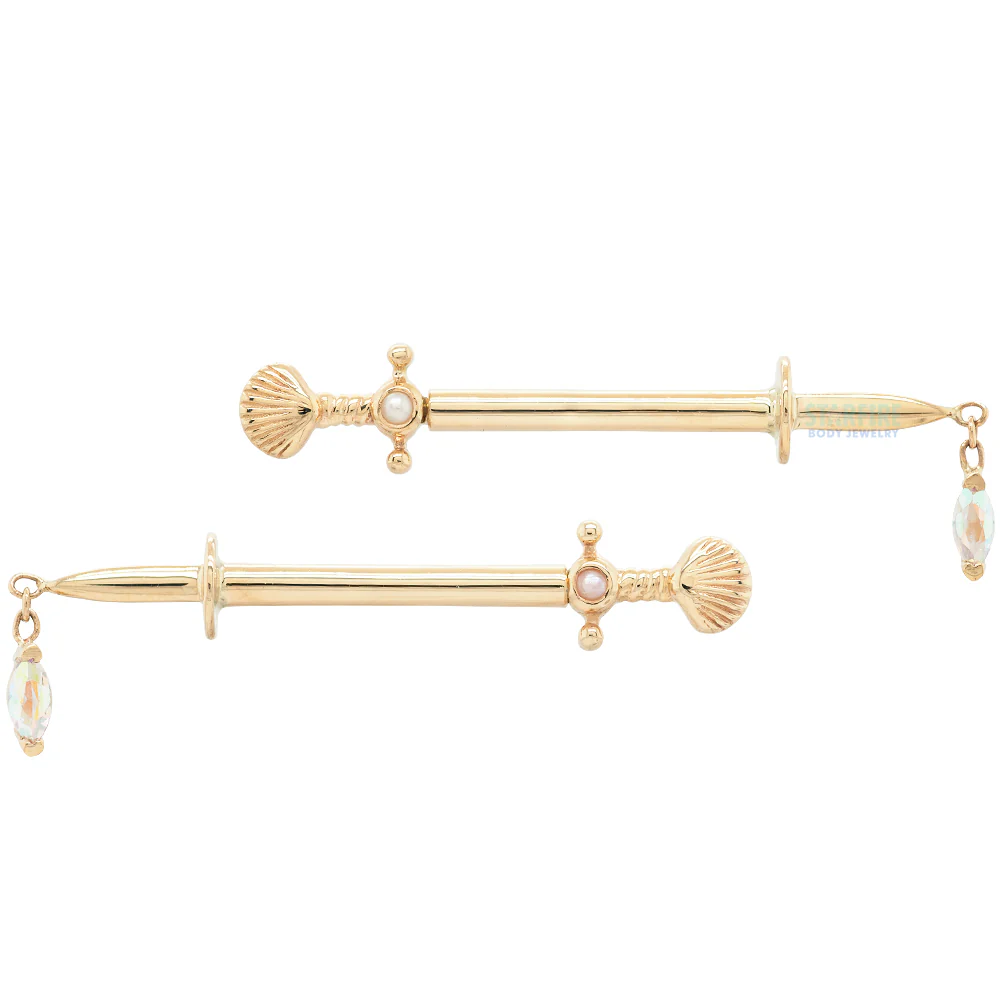 "Siren's Kiss" Forward Facing Nipple Barbells in Gold & Platinum with Pearl & Mercury Mist Topaz