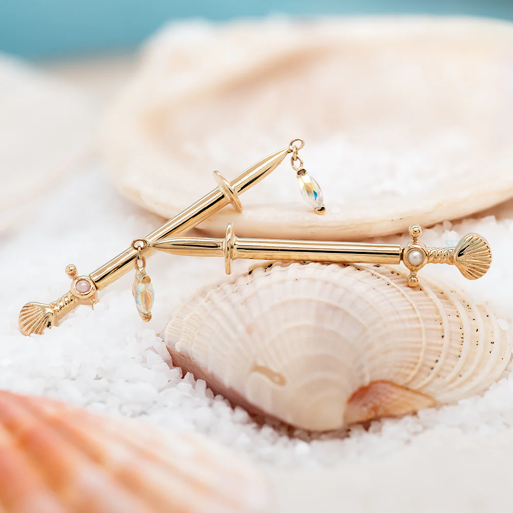 "Siren's Kiss" Forward Facing Nipple Barbells in Gold & Platinum with Pearl & Mercury Mist Topaz - Image 2