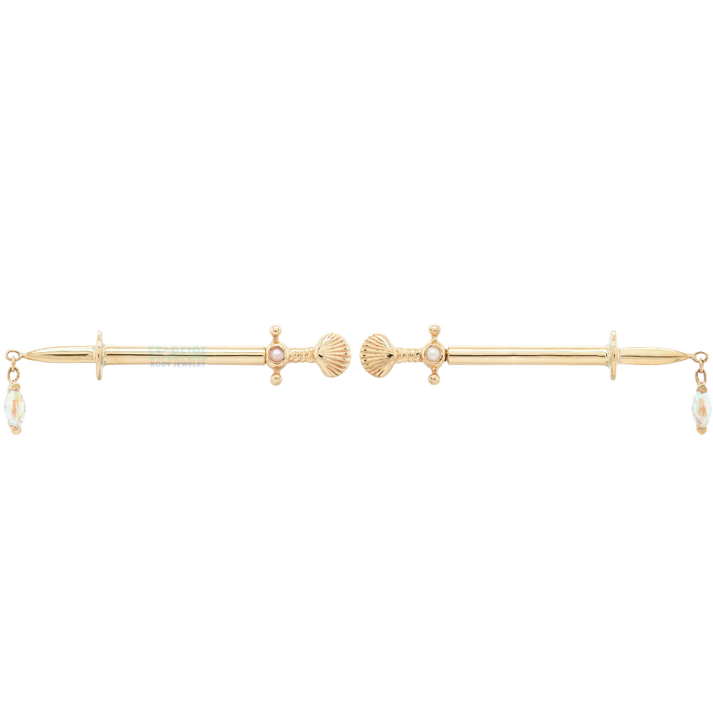 "Siren's Kiss" Forward Facing Nipple Barbells in Gold & Platinum with Pearl & Mercury Mist Topaz - Image 3