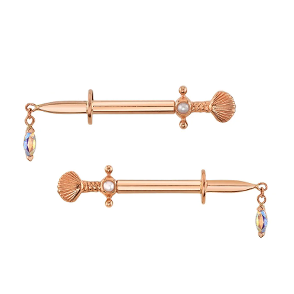 "Siren's Kiss" Forward Facing Nipple Barbells in Gold & Platinum with Pearl & Mercury Mist Topaz - Image 4