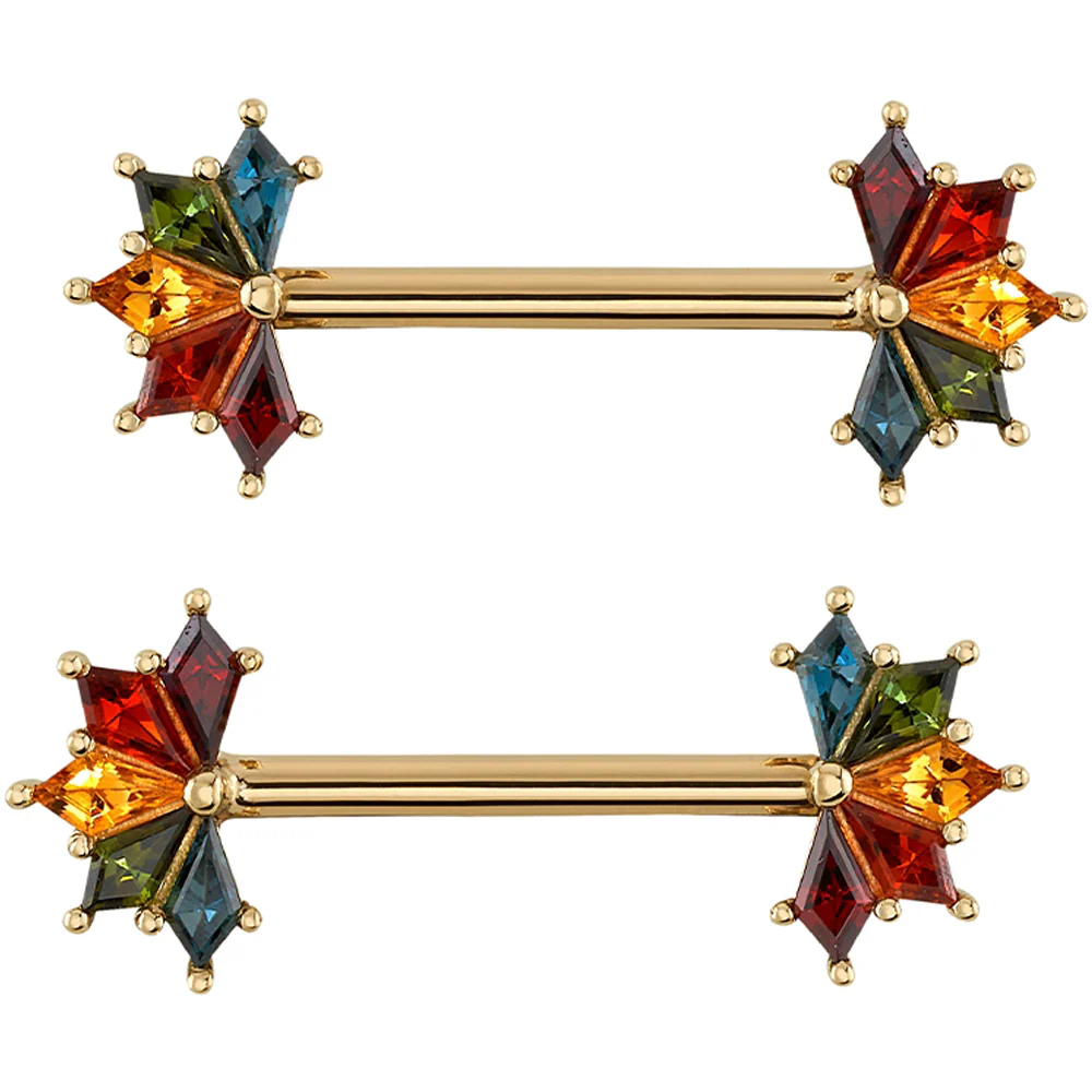 "Spirit" Forward Facing Nipple Barbells in Gold Rainbow with Genuine Gemstones