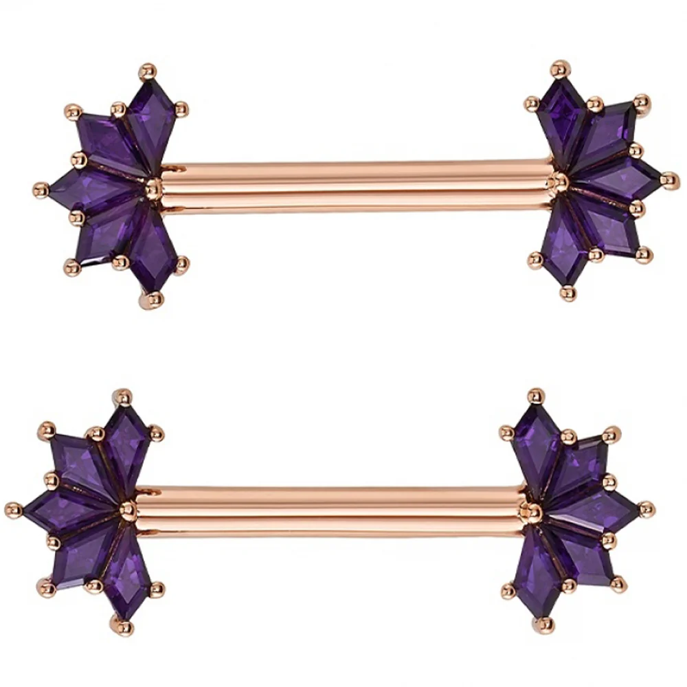 "Spirit" Forward Facing Nipple Barbells in Gold with Amethyst