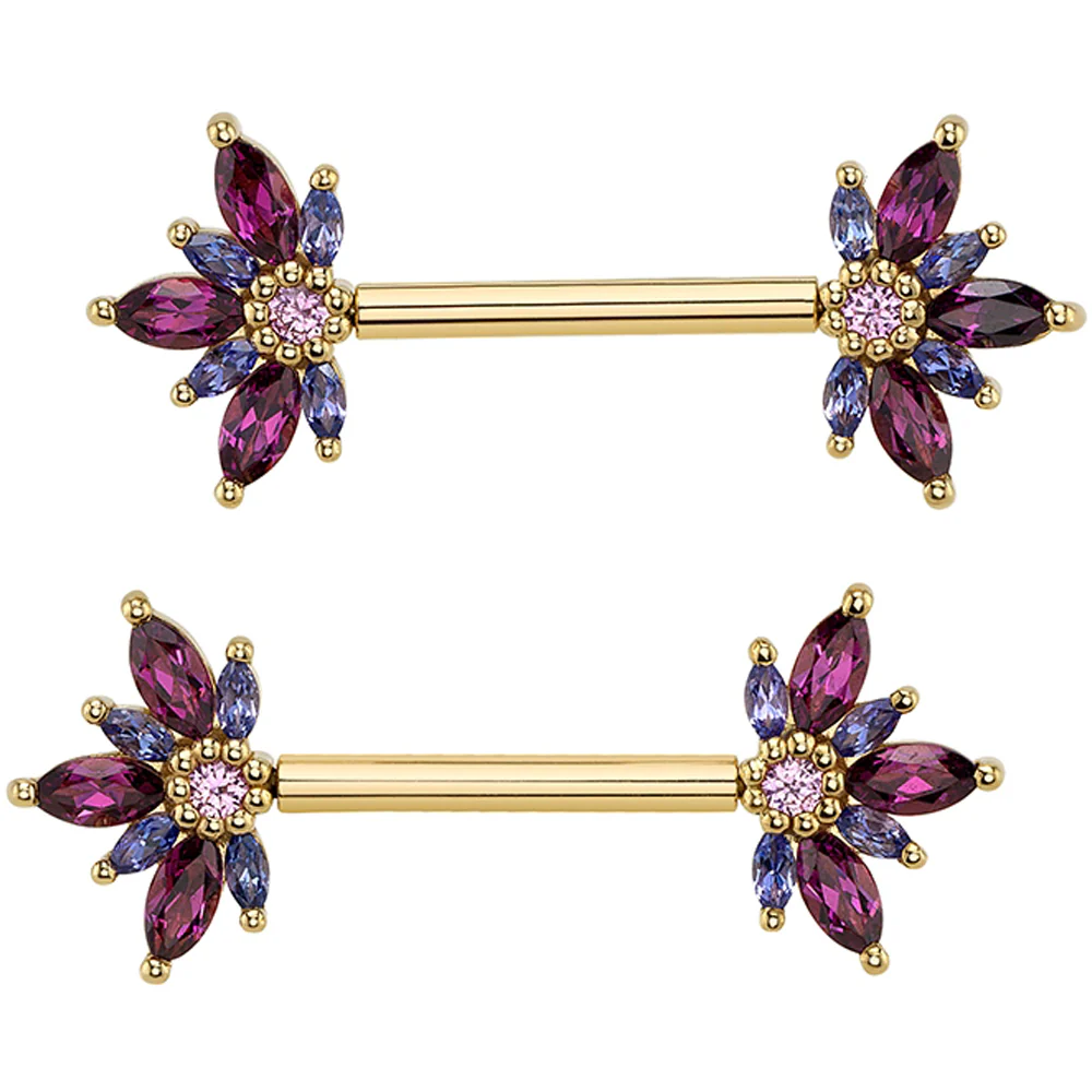 threadless: "Starling" Forward Facing Nipple Barbells in Gold & Platinum with Rhodolite, Tanzanite & Light Pink Sapphire - Image 2