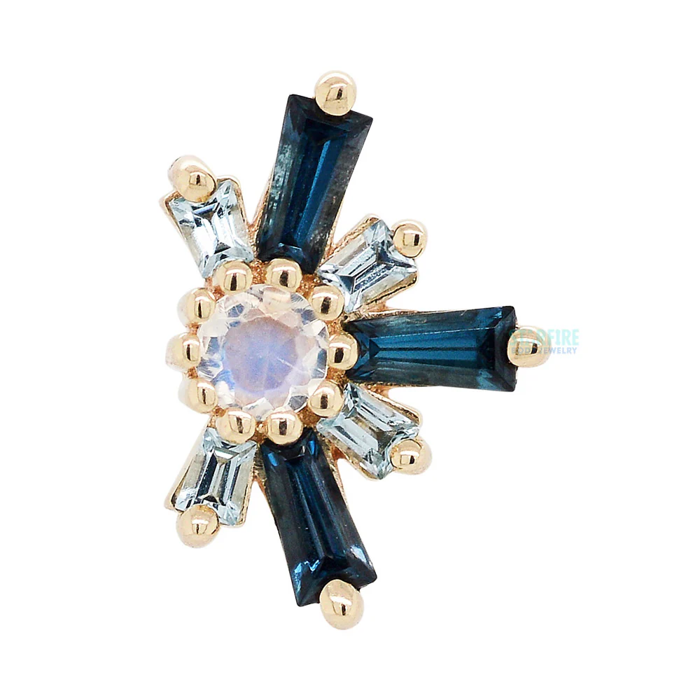 "Half Mininova" & "Half Supernova" Threaded End in Gold with London Blue Topaz' & Swiss Blue Topaz' surrounding a Rainbow Moonstone - Image 3