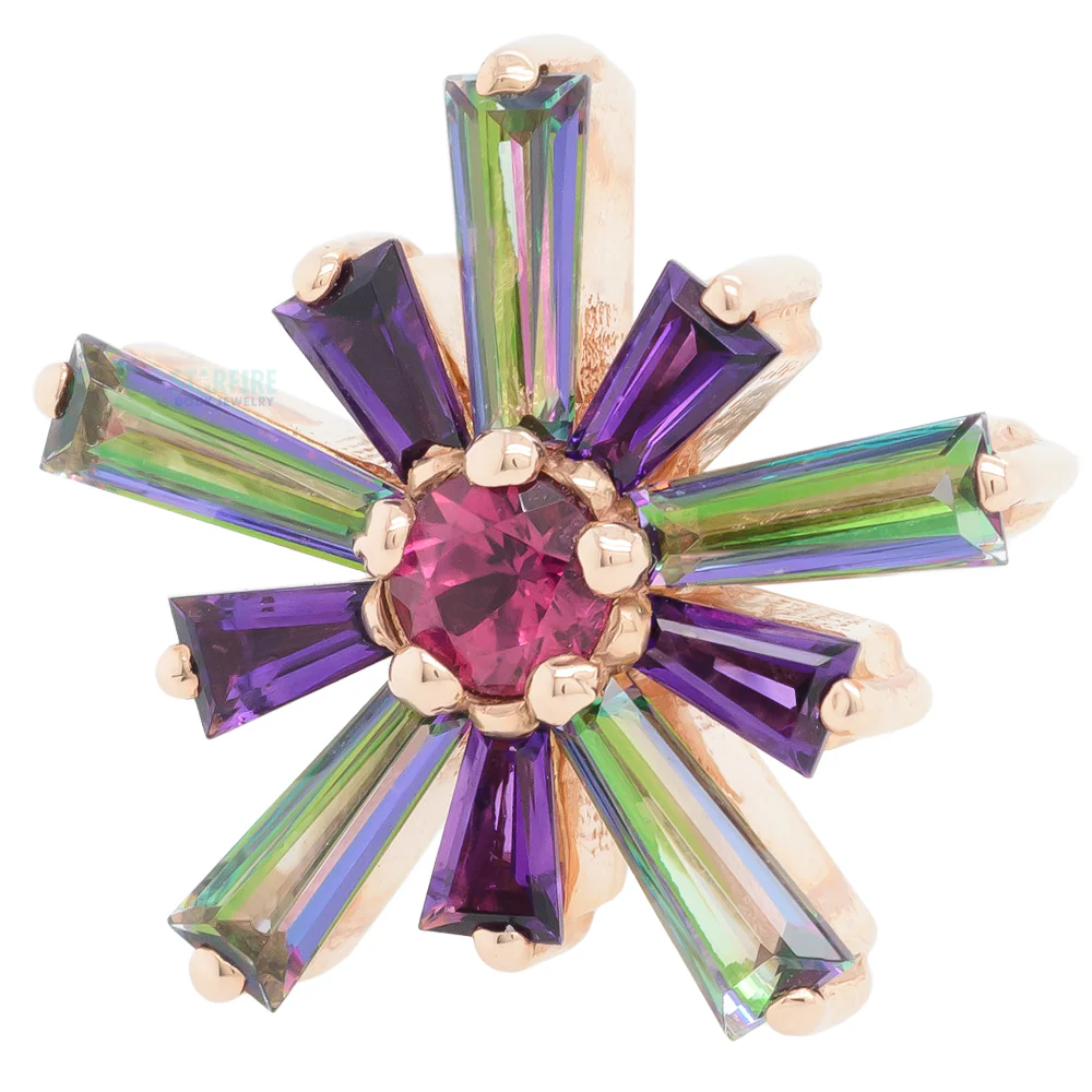 "Supernova" Threaded End in Gold & Platinum with Mystic Topaz & Amethyst surrounding a Pink Tourmaline - Image 3