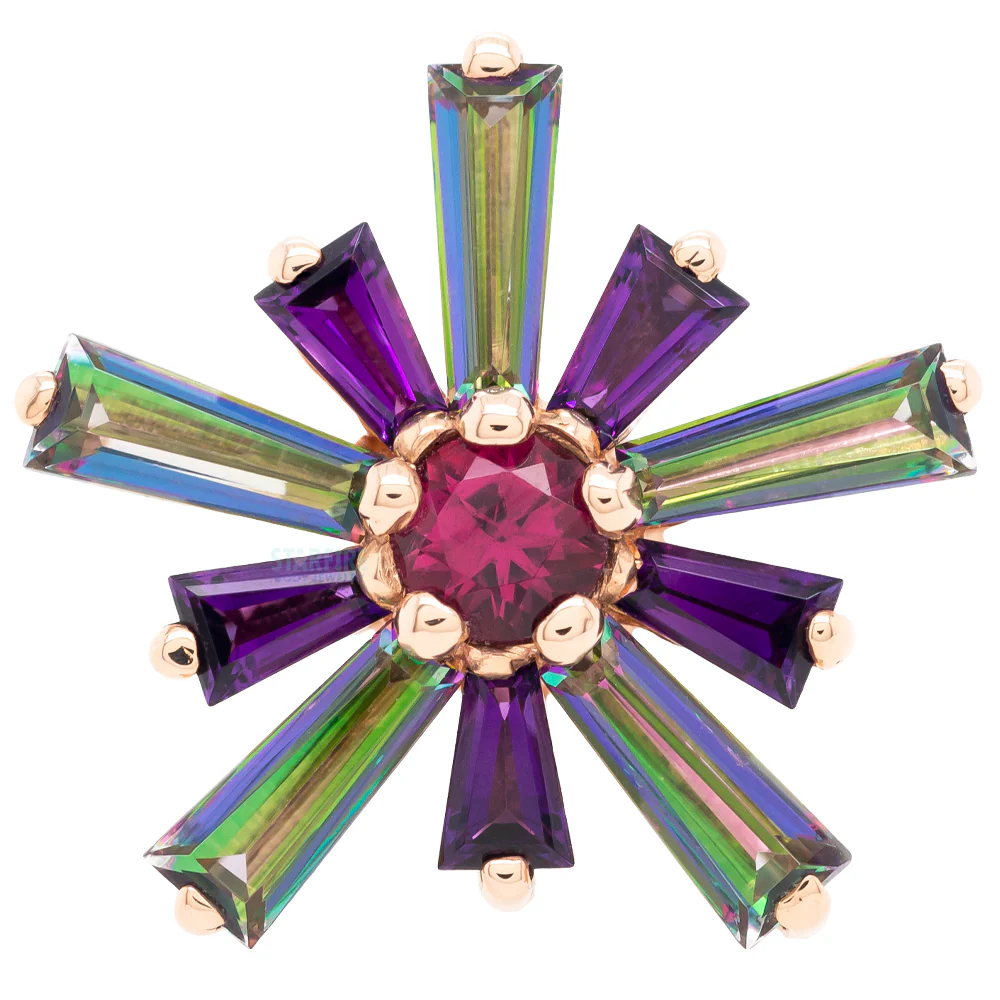 "Supernova" Threaded End in Gold & Platinum with Mystic Topaz & Amethyst surrounding a Pink Tourmaline - Image 4