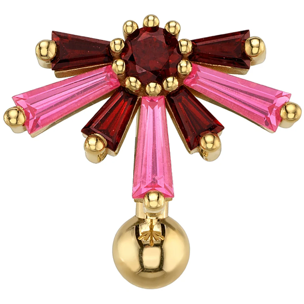 "Supernova" Toploader Navel Curve in Gold & Platinum with Padparadscha Sapphire & Garnet - Image 2