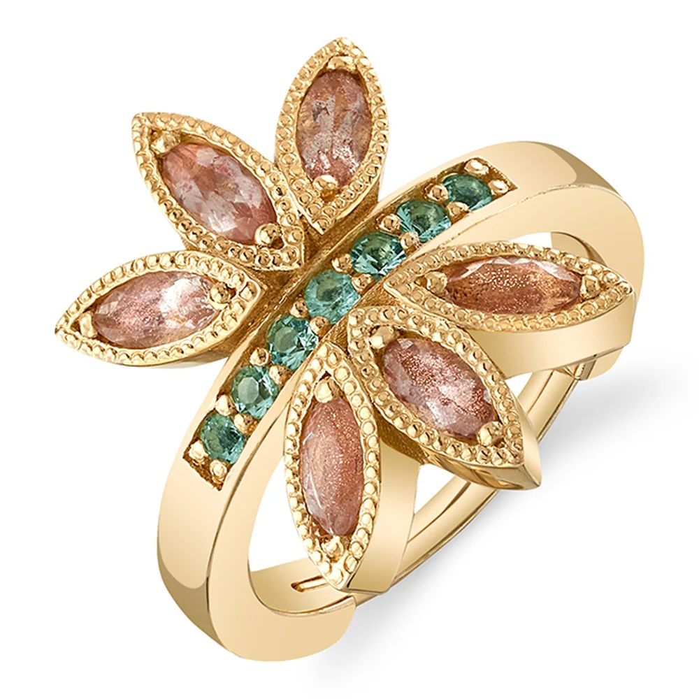"Tenaya" Hinge Ring in Gold & Platinum with Oregon Sunstone & Mint Beryl