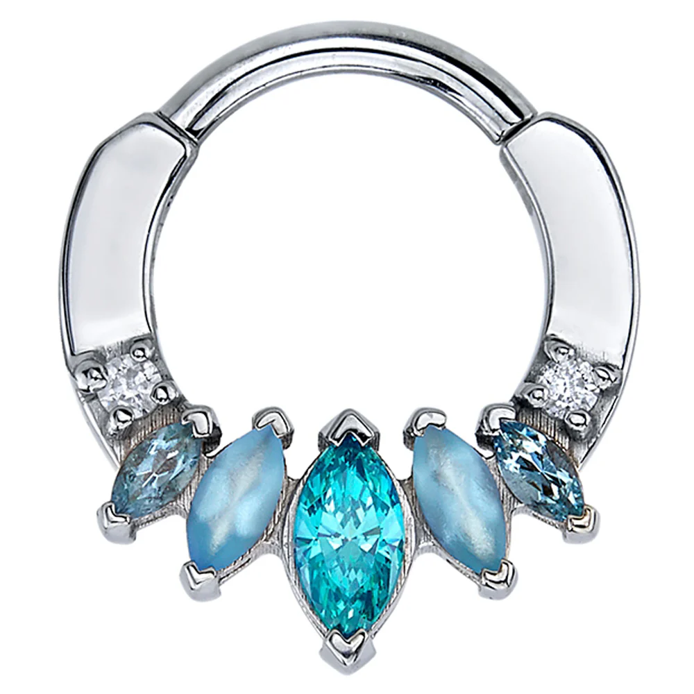 "Tesseract" Hinge Ring in Gold with White CZ, Aquamarine, Sandblasted Swiss Blue Topaz & Mint CZ