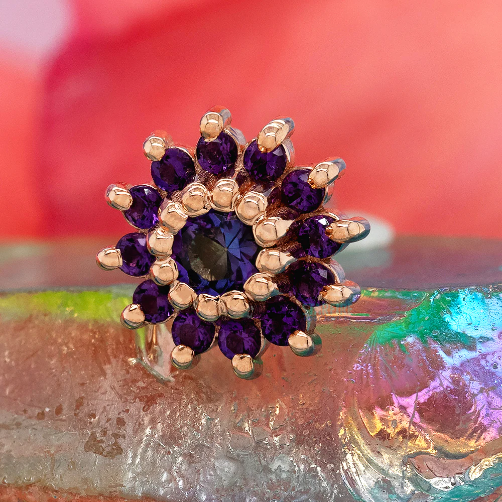 "The Rose" Threaded End in Gold with Mystic Topaz center & Amethyst petals - Image 2