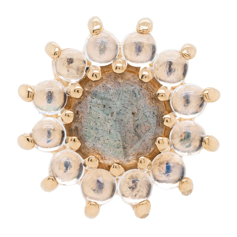 "The Rose" Threaded End in Gold with Rose Cut Labradorite center & Rainbow Moonstone Cabochon petals - Image 3