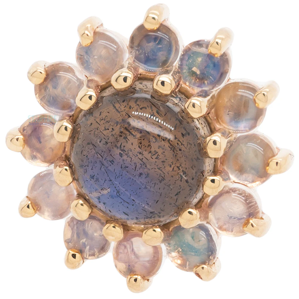 "The Rose" Threaded End in Gold with Labradorite Cabochon center & Rainbow Moonstone petals - Image 3