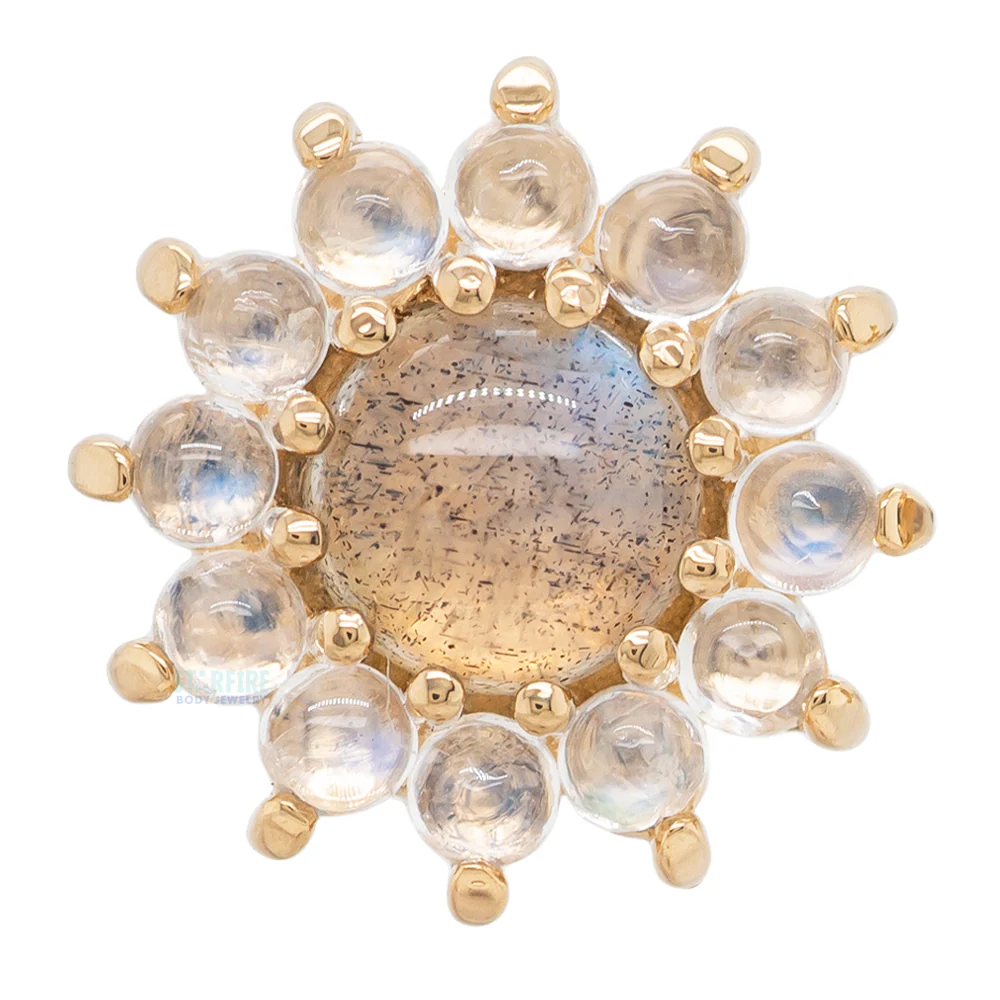 "The Rose" Threaded End in Gold with Labradorite Cabochon center & Rainbow Moonstone petals - Image 4