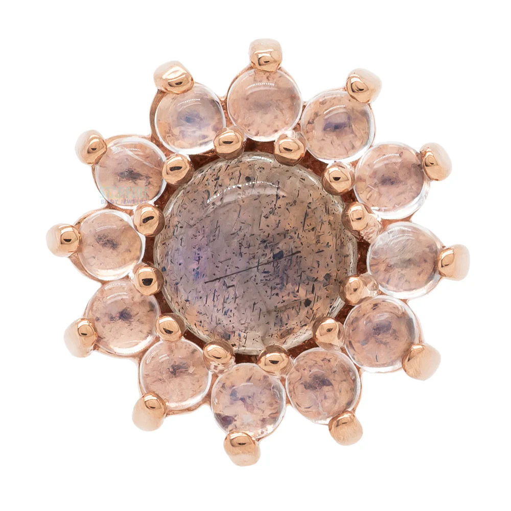 "The Rose" Threaded End in Gold with Labradorite Cabochon center & Rainbow Moonstone petals - Image 5