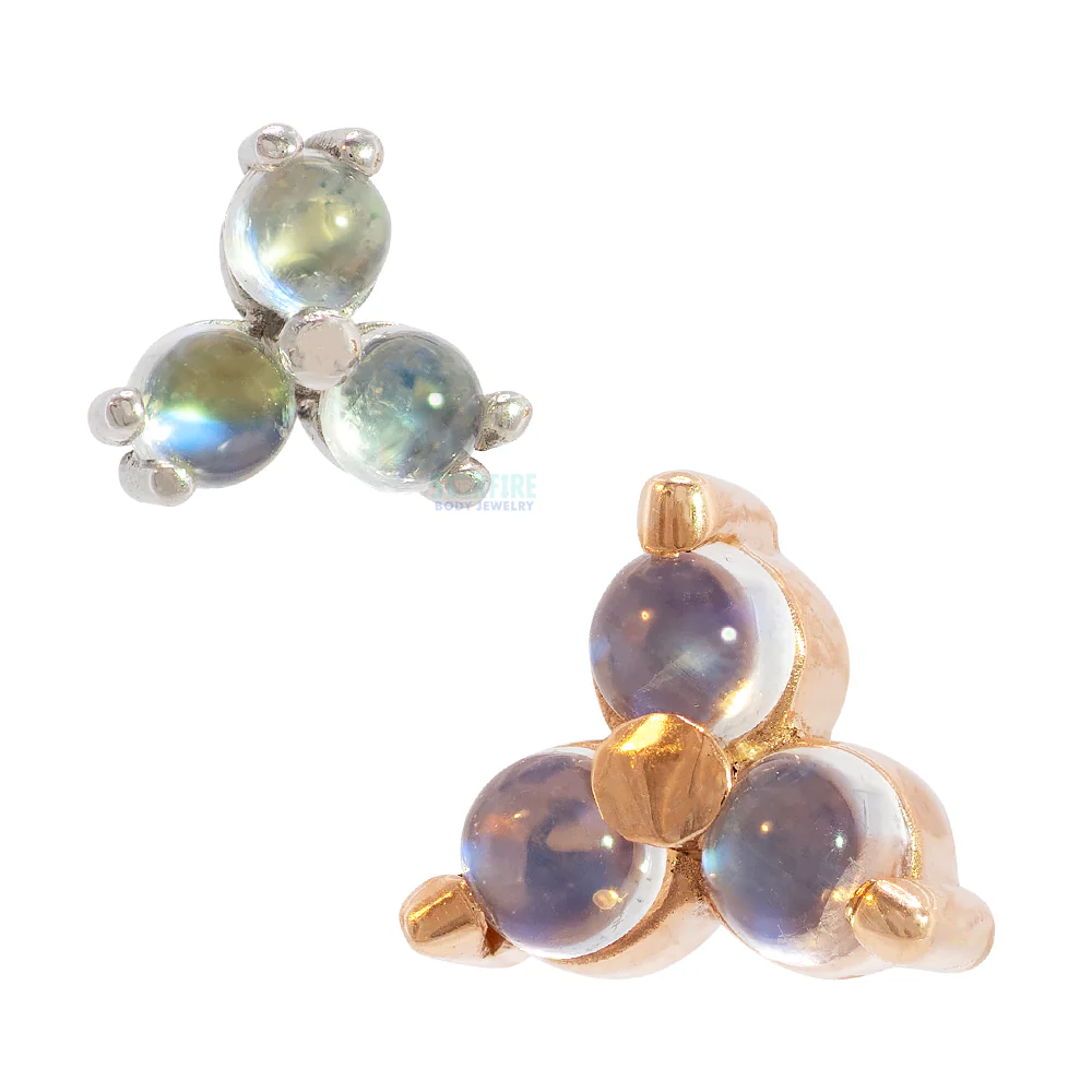 Tri Prong Cabochon Cluster Threaded End in Gold & Platinum with Rainbow Moonstone